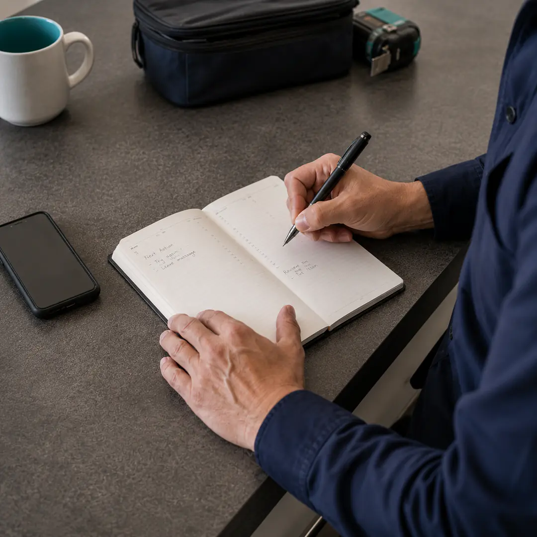 Repair business owner records the next action in a diary beside a face-down phone and work tools.