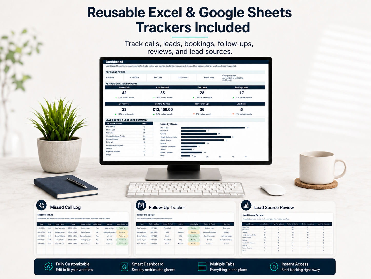 Google Sheets and Microsoft Excel tracker dashboard with tracking tabs for missed calls, follow-ups and lead sources