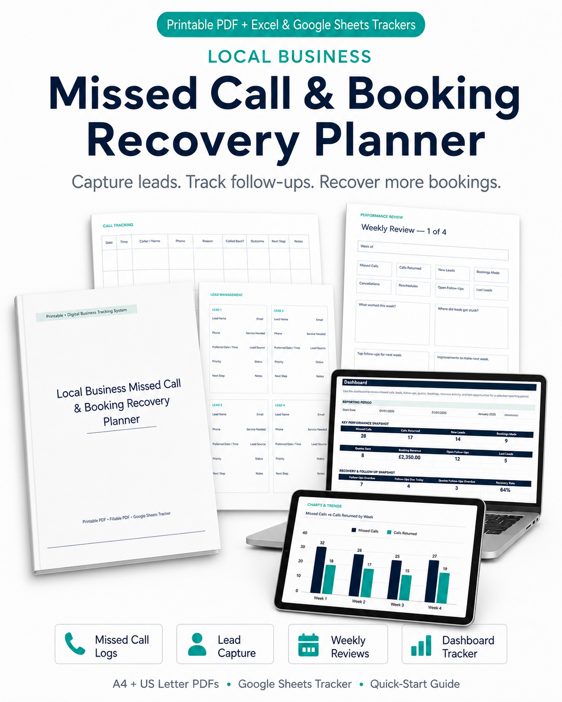 Local Business Missed Call and Booking Recovery Planner bundle with printable pages and Google Sheets dashboard