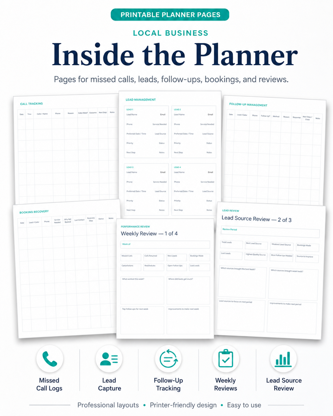 Preview of printable planner pages for missed calls, leads, follow-ups, bookings and reviews