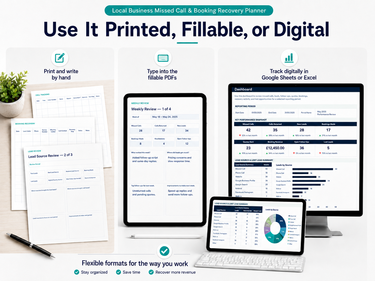 Planner shown in printed, fillable PDF, Google Sheets and Microsoft Excel formats