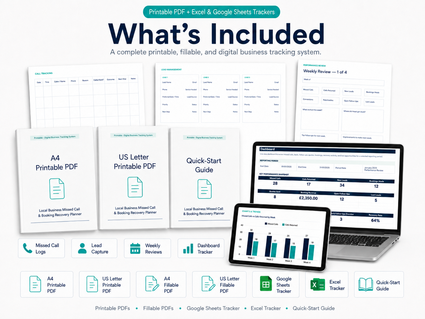 Complete planner bundle with A4 and US Letter printable and fillable PDFs, Google Sheets and Microsoft Excel trackers, and Quick Start Guide