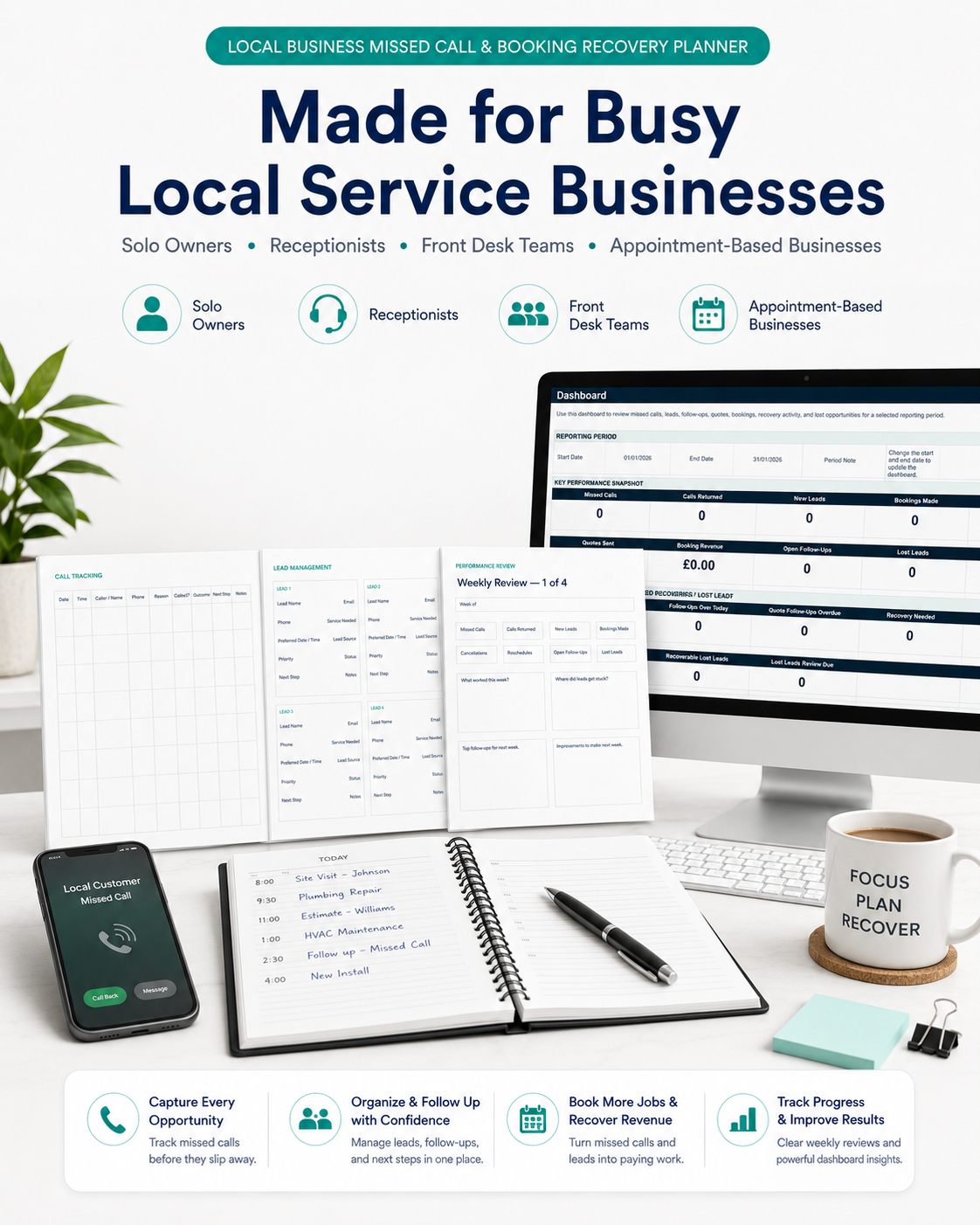 Planner and digital tracker set up for busy local service business teams